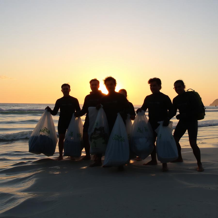 Jornada de limpieza de playa al atardecer